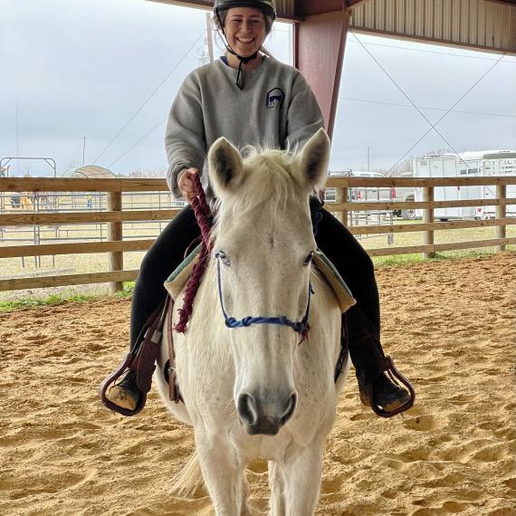 Jewel, a White and Grey Horse with rider