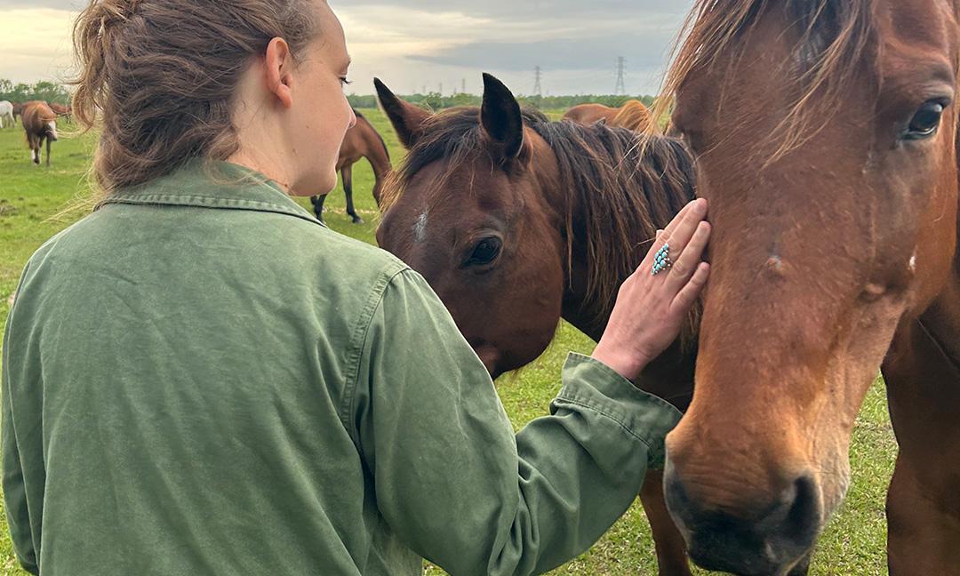 A woman petting a brown horse